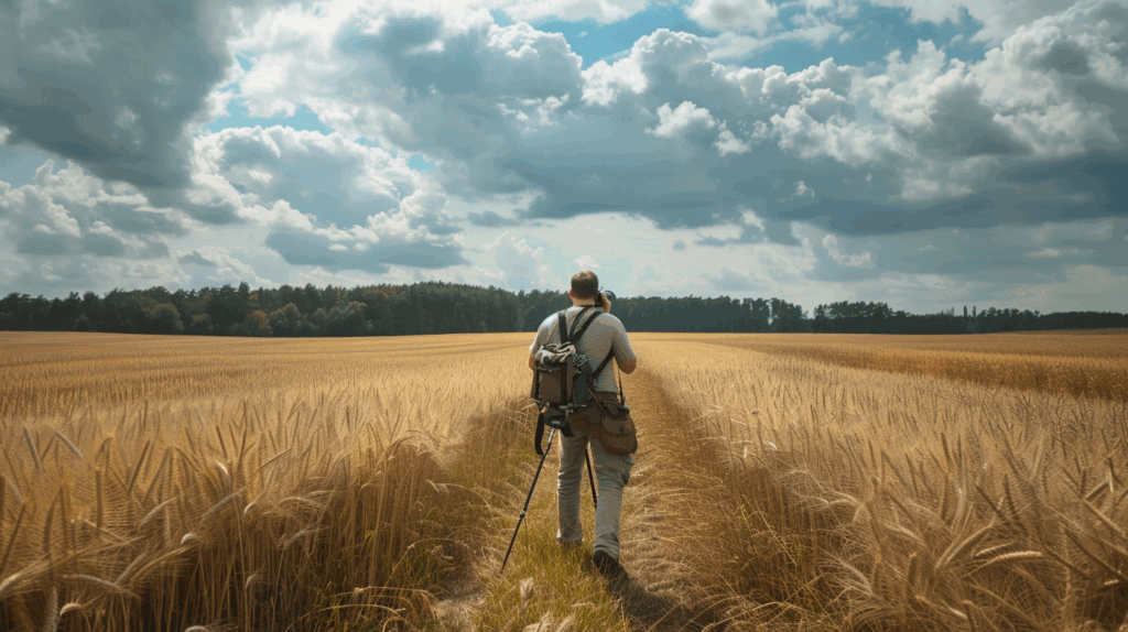 Fotograf steht in der Landschaft und fotografiert